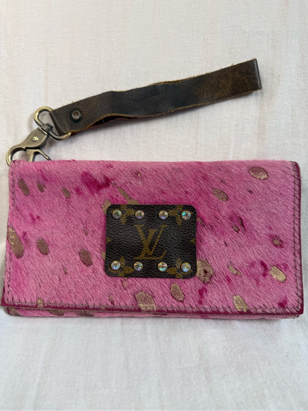 Keep it Gypsy Reworked LV Pink Cowhide Trifold Wristlet Clutch with Gold Accents
